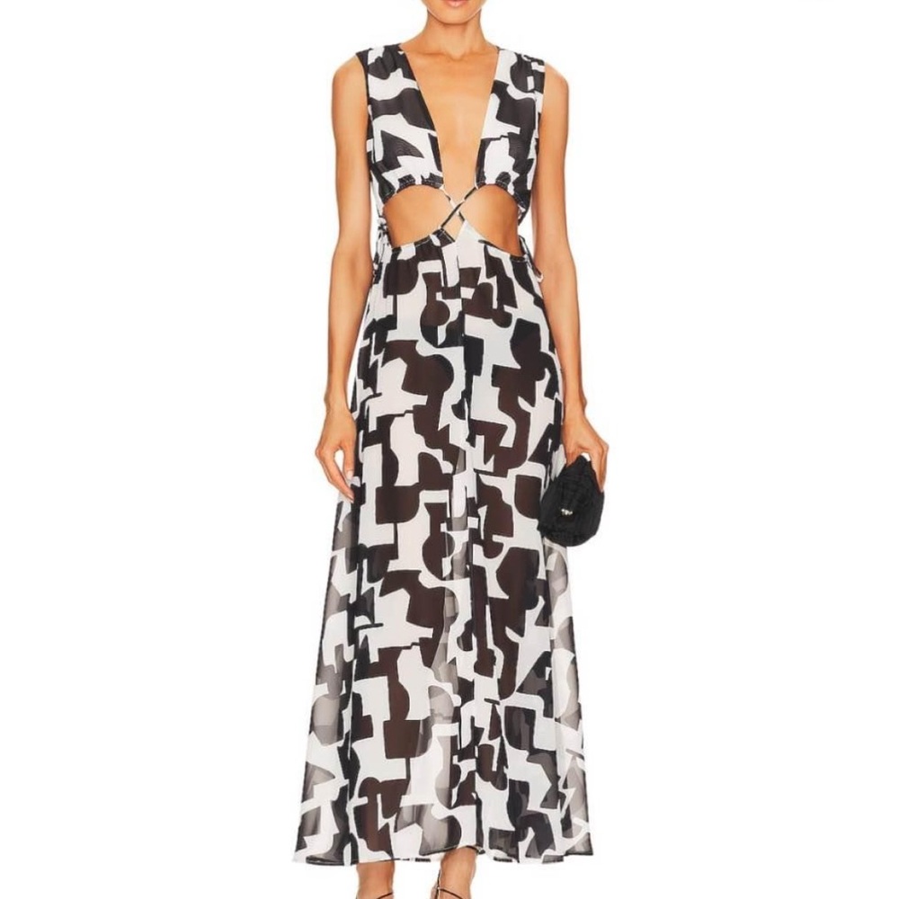 Cabana Modern Geometric Cutout Black and White Abstract Print Dress